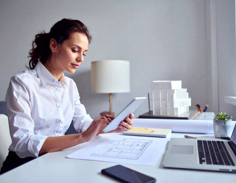 A professional female architect is sitting at her desk, concentrating on a digital tablet. She is dressed in a white button-down shirt and is reviewing architectural plans laid out on the table. - Powered by Adobe