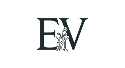 Elegant monogram logo design featuring letters EV and a golf bag vector illustration