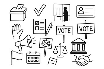 Obraz premium Election Symbols Doodle. Hand-drawn doodle illustration election and voting symbols ballot box, checkmark, voting booth, voter ID card, raised hand, ballot