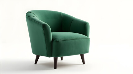 Fototapeta premium Elegant green fabric armchair with a modern design and wooden legs, perfect for a cozy living space.