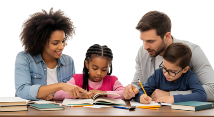 Diverse group of adults and children engaged in a learning activity, fostering education and development