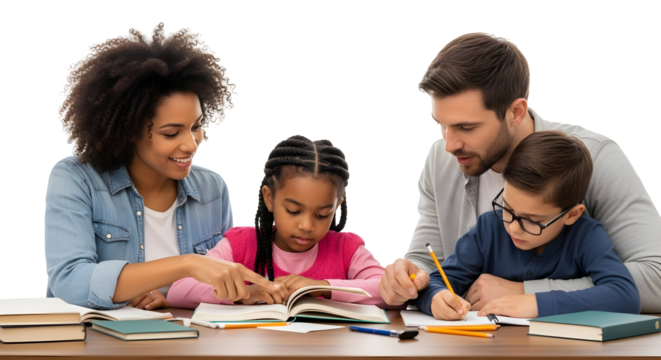 Diverse group of adults and children engaged in a learning activity, fostering education and development - Powered by Adobe