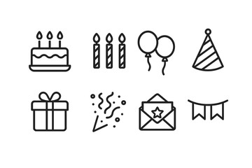 Birthday Celebration Icons. Outline icon set of birthday celebration: birthday cake, candles, balloons, party hat, gift box, confetti, invitation card,