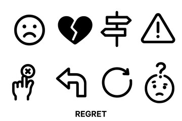 Regret Icon Set. Solid, filled icon set of regret: sad face, broken heart, crossed path, warning sign, mistake icon, wrong arrow, rethink symbol, confused