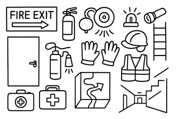 Fire Safety Icons. Hand-drawn doodle illustration fire exit exit sign, door, fire extinguisher, smoke detector, alarm bell, emergency light, flashlight, fire