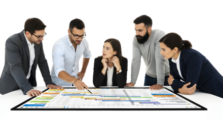 Team collaborating on a digital project timeline on a large interactive display