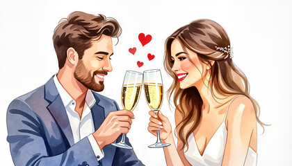 Couple clinking champagne glasses while celebrating love with hearts