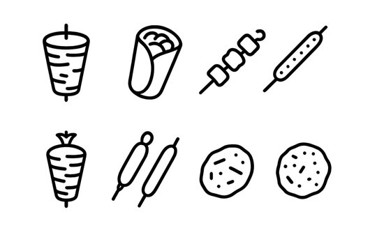 Worldwide Kebab Icon Set. Outline icon set of kebab types worldwide: Turkish doner, Greek gyro, Middle Eastern shish, Indian seekh, Persian koobideh, Mexican
