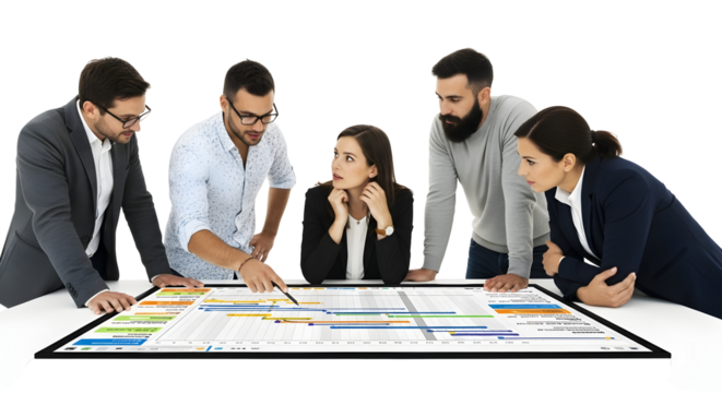 Team collaborating on a digital project timeline on a large interactive display