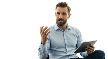 Business Professional Man Explaining Ideas While Holding a Tablet