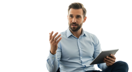 Business Professional Man Explaining Ideas While Holding a Tablet