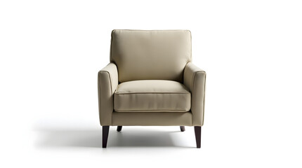 Fototapeta premium Stylish beige armchair with dark wooden legs set against a light background.