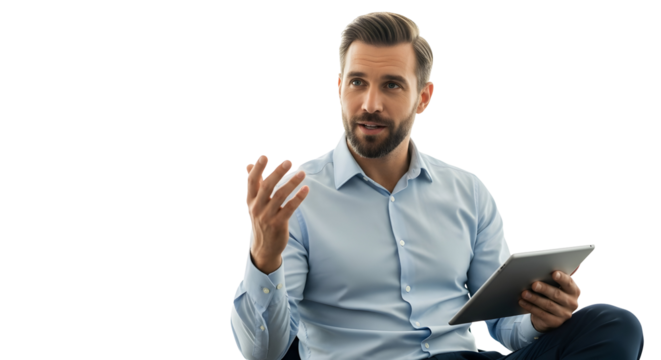 Business Professional Man Explaining Ideas While Holding a Tablet