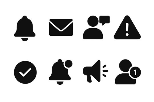 Notification Icons Set. Solid, filled icon set of account notifications: alert bell, email update, account message, warning triangle, success check, unread