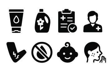 Allergy-Friendly Icon Set. Solid, filled icon set of unscented allergy-friendly products: hypoallergenic cream, unscented detergent, allergy test,