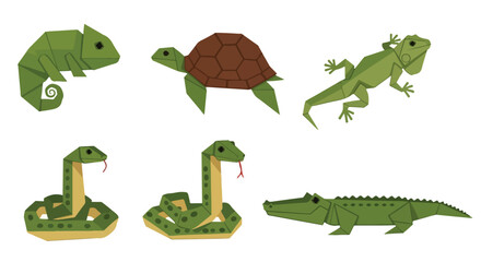 Origami Reptile Collection Cute Chameleon Turtle Lizard Snakes and Alligator Vector Art for Kids and Nature Lovers
