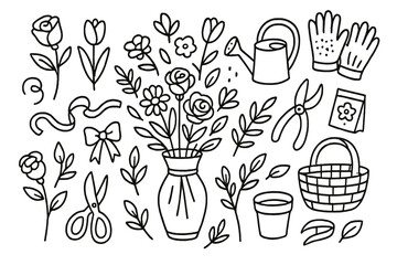 Floral Doodle Illustration. Hand-drawn doodle illustration flower arrangement roses, tulips, daisies, vase, ribbon, scissors, leaves, stems, watering can,