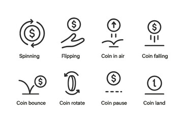 Coin Toss Icons. Outline icon set of coin toss animations: spinning coin, flipping coin, coin in air, coin falling, coin bounce, coin rotate, coin pause, coin
