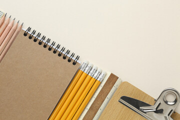 Stationery calculator ruler calculator and school stuff on coloured background. Concept of school and college learning