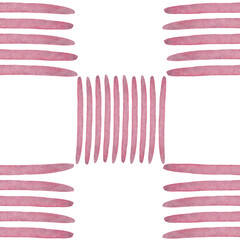 Vertical and horizontal short pink lines forming squares. Checkered print. Abstract seamless watercolor pattern. Ideal for kitchen textiles and wallpaper, tablecloths and scarves. White background