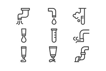 Tube Fluid Icons. Outline icon set of tube fluids and contents: water flow, oil drip, gas release, liquid measurement, cream application, paint squeeze, air