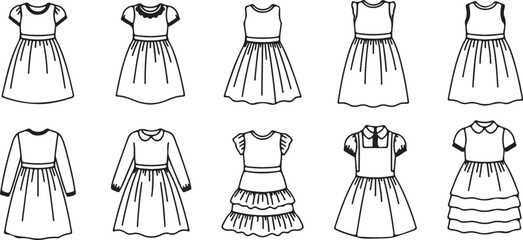 Kids Outline Dress drawing  Set,  girl dress vector line art illustration