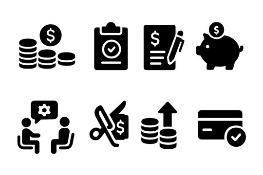 Overdraft Recovery Icons. Solid, filled icon set of overdraft recovery methods: debt consolidation, payment plan, loan application, savings increase, financial