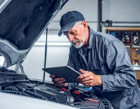 Experienced car mechanic inspecting engine and using digital tablet in auto repair shop. - Powered by Adobe