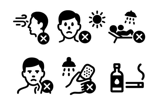 Windburn Prevention Icons. Solid, filled icon set of windburn activities to avoid: prolonged wind exposure, harsh cleansing, sunbathing, scratching, hot