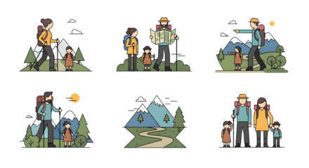 Family hiking and outdoor adventure illustrations with mountains and trees
