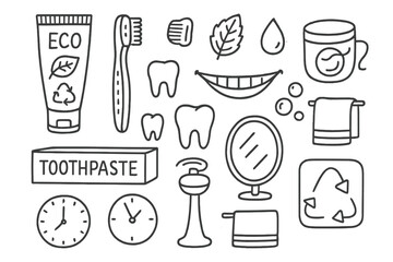 Eco Dental Care Doodles. Hand-drawn doodle illustration eco-friendly dental care toothpaste tube, bamboo toothbrush, toothpaste cap, mint leaf, water droplet,