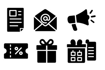 Email Marketing Icons. Solid, filled icon set of email marketing: newsletter, mail campaign, analytics graph, subscriber list, megaphone, coupon, gift box,