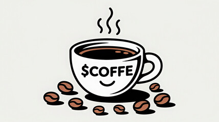 Obraz premium Stylized Coffee Cup Illustration with Steam and Beans Depicting Cafe Culture and Beverage Enjoyment