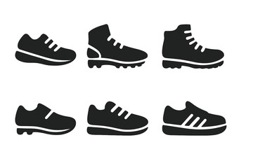 Sports Shoes Icons. Solid, filled icon set of sports shoes: running shoes, basketball shoes, soccer cleats, hiking boots, cycling shoes, tennis shoes, skate