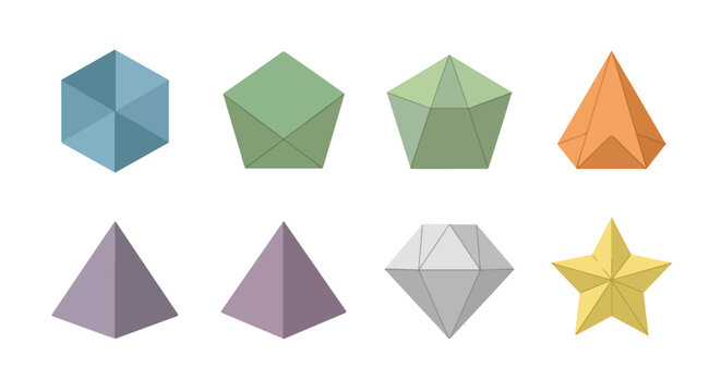 Collection of 3D Geometric Shapes Cube Pentagons Pyramids Diamond Star Isolated Vector Illustration