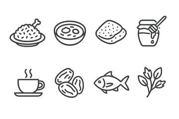 Yemeni Cuisine Icons. Outline icon set of Yemeni cuisine: Mandi rice, Saltah stew, Flatbread (Lahoh), Honey, Coffee cup, Dates, Samak (fish), Fresh herbs. Line