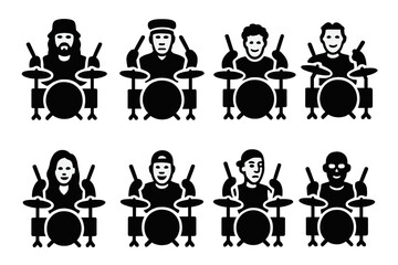 Iconic Drummers Grid. Solid, filled icon set of fill famous drummers: John Bonham, Neil Peart, Buddy Rich, Dave Weckl, Sheila E., Carter Beauford, Travis