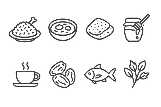Yemeni Cuisine Icons. Outline icon set of Yemeni cuisine: Mandi rice, Saltah stew, Flatbread (Lahoh), Honey, Coffee cup, Dates, Samak (fish), Fresh herbs. Line