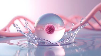 A crystal sphere with a pink core splashes into water, illuminated in soft pastel tones, symbolizing science and innovation.
