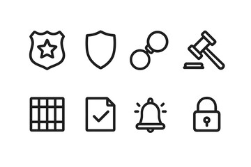 Decree Enforcement Icons. Outline icon set of decree enforcement: police badge, shield, handcuffs, court hammer, jail cell, document with checkmark, alert