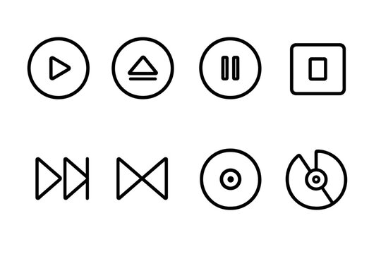 Icon Sets Collection. Outline icon set of CD/DVD usage: play button, eject button, pause button, stop button, fast forward, rewind, skip track, record button.