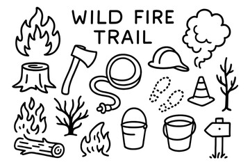 Wildfire Icons Illustration. Wild Fire Trail. Hand-drawn doodle illustration wild fire trail fire, smoke, tree stump, axe, helmet, hose, footprints, burnt