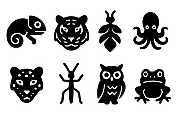 Fototapeta premium Camouflage Animal Icons. Solid, filled icon set of camouflage animals: chameleon, tiger, leaf insect, octopus, snow leopard, stick insect, owl, frog. [Line