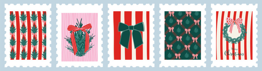 Merry Christmas and Happy New Year greeting card set. Modern Christmas design with ribbons, fir branch, christmas toys.