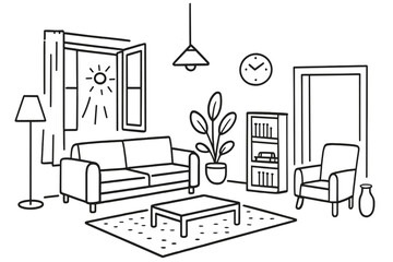 Minimalist Living Space. Hand-drawn doodle illustration Spacious feel open window, high ceiling, floor lamp, large sofa, rug, potted plant,