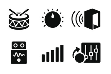 Drum Sound Icons. Solid, filled icon set of drum sound and effects: drum wave, volume knob, echo effect, reverb, distortion, equalizer, bass boost, sound