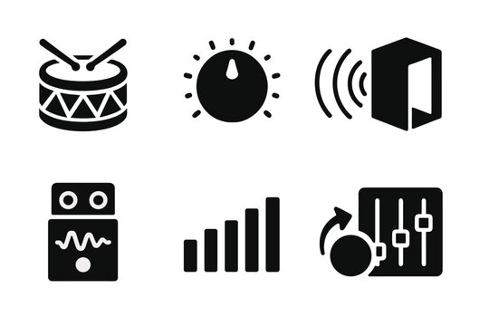 Drum Sound Icons. Solid, filled icon set of drum sound and effects: drum wave, volume knob, echo effect, reverb, distortion, equalizer, bass boost, sound