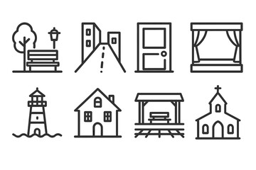 Fototapeta premium Outline Longing Icons. Outline icon set of longing places: empty park, deserted street, closed door, empty stage, lighthouse, old house, empty train station,