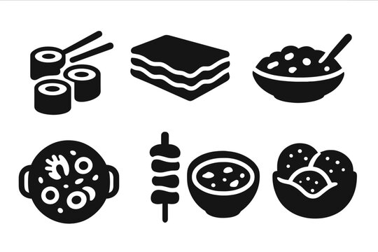 Global Cuisine Icons. Solid, filled icon set of international main courses: sushi, lasagna, tacos, curry, paella, kebab, borscht, falafel. Solid, filled icons