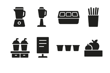 Juice Bar Icons. Solid, filled icon set of juice bar essentials: juice blender, smoothie mixer, ingredient tray, straw holder, drink counter, bar menu, sample